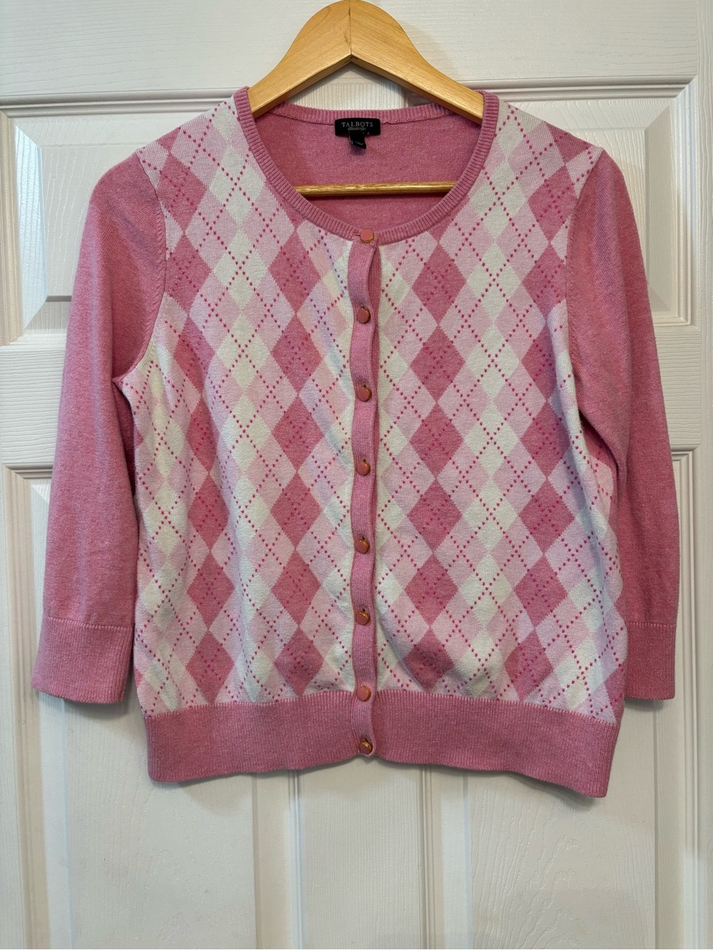 Talbots Pink and White Argyle Button-Front Cotton/Silk Sweater Cardigan